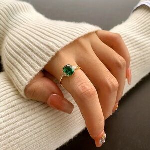 Delicate Vintage Golden Ring with Green Synthetic Gemstones